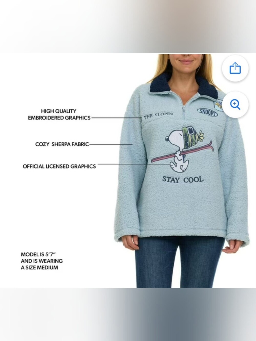 Peanuts Women "Stay Cool" Light Blue Sherpa Pullover  L - Picture 2 of 8